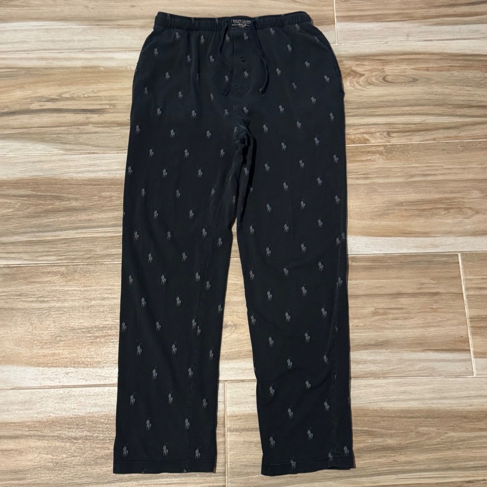 Polo Ralph Lauren Mens Black Grey Pony Print Cotton Sleep Pajama Pants Small
